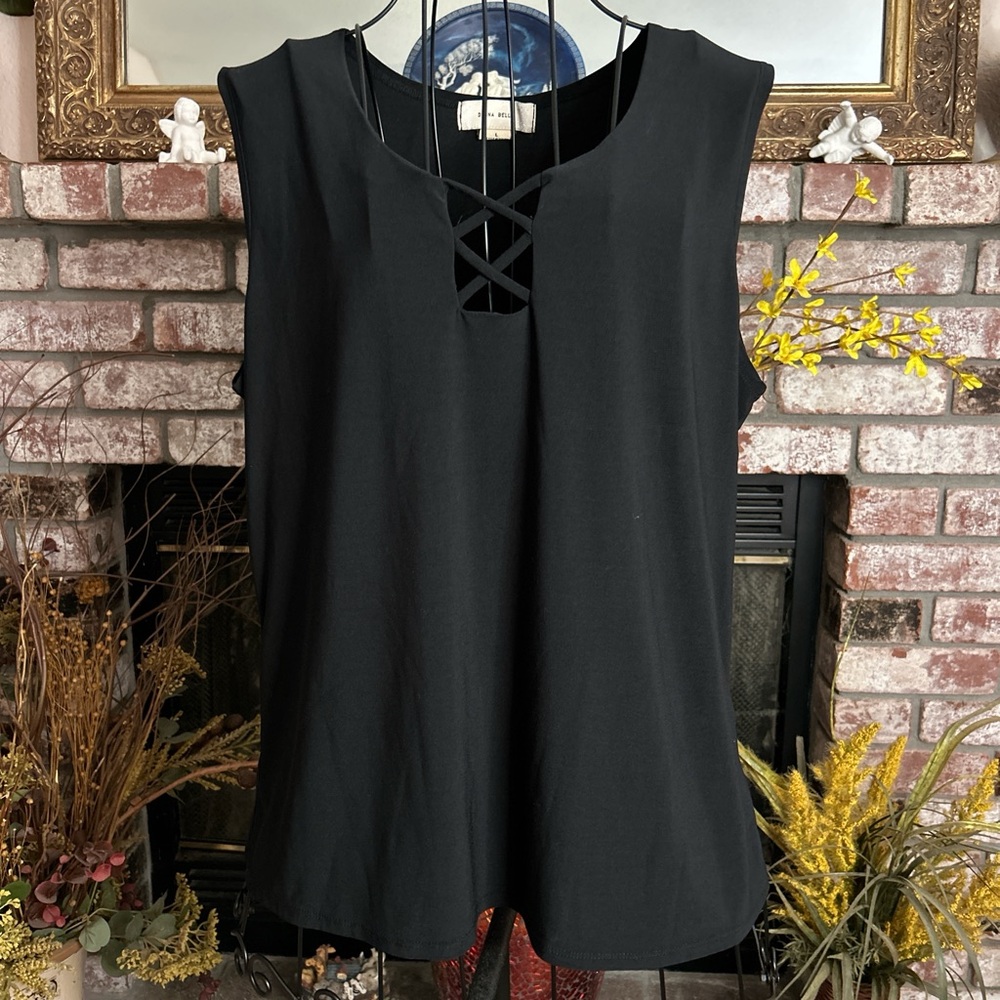 Diana Belle Black Sleeve Less Crisscross V-Neck Casual Tank Top Sz L